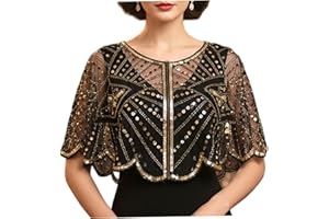 Vintage Sequin Shawl Black Gold Beaded Shawl Wrap for Evening Dresses 1920s Themed Party & Wedding Accessory