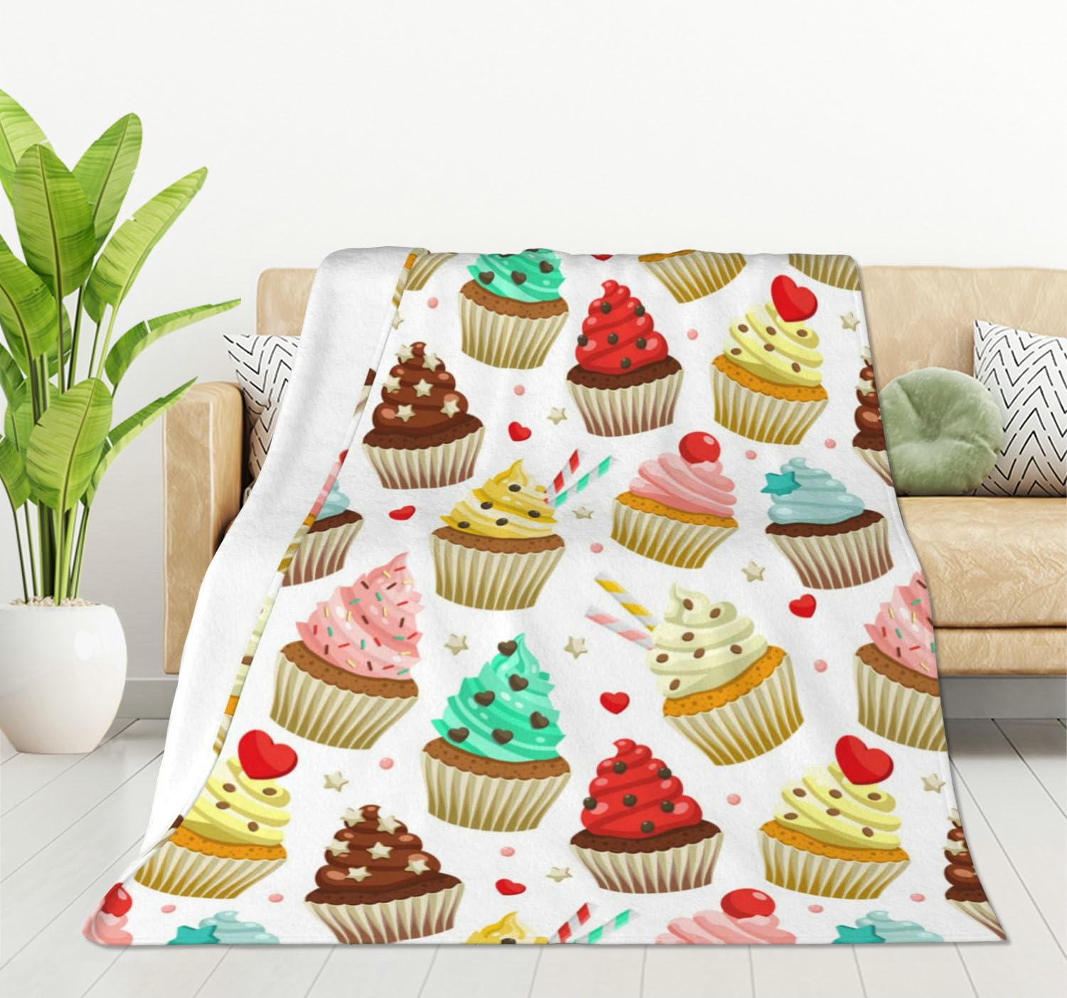 HGOD DESIGNS Yummy Colored Cupcakes Blanket Cute Cupcake Pattern Throw Blanket Sweet Dessert Flannel Soft Warm Cozy Fuzzy 130x150cm Throw Blanket for for Women, Men