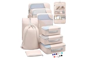 OlarHike Travel Essentials ALL INCLUDED 10 Set Sturdy Packing Cubes for Suitcases, UPGRADED Anti-Tear Stitching, NEW Improved Luggage Packing Organizers for Travel Accessories(Cream)