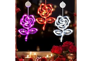 LOLStar Valentines Day Lights, 3 Pack Red, Pink, and White Roses with Suction Cups, Battery Operated Indoor Romantic Hanging Window Decorations, 2024 Upgrade Slow Fade Mode and Timer Function