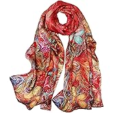 Women's 100% Mulberry Silk Scarf Floral Print Satin Long Scarf Wrap Shawl (ACY01)
