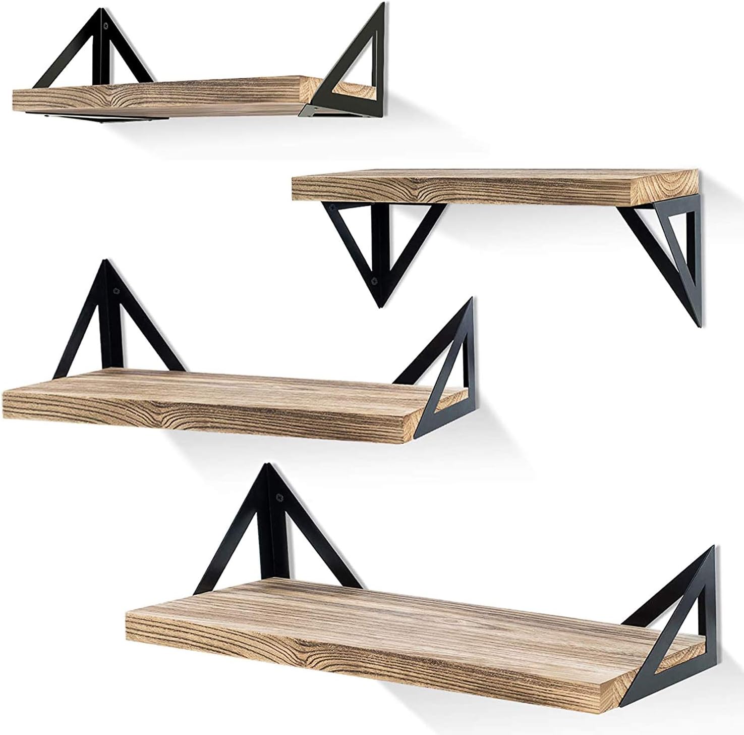 Klvied Floating Shelves Wall Mounted Set of 4, Rustic Wood Wall Shelves, Storage Shelves for Bedroom, Living Room, Bathroom, Kitchen, Office and More, Carbonized Black: Furniture & Decor