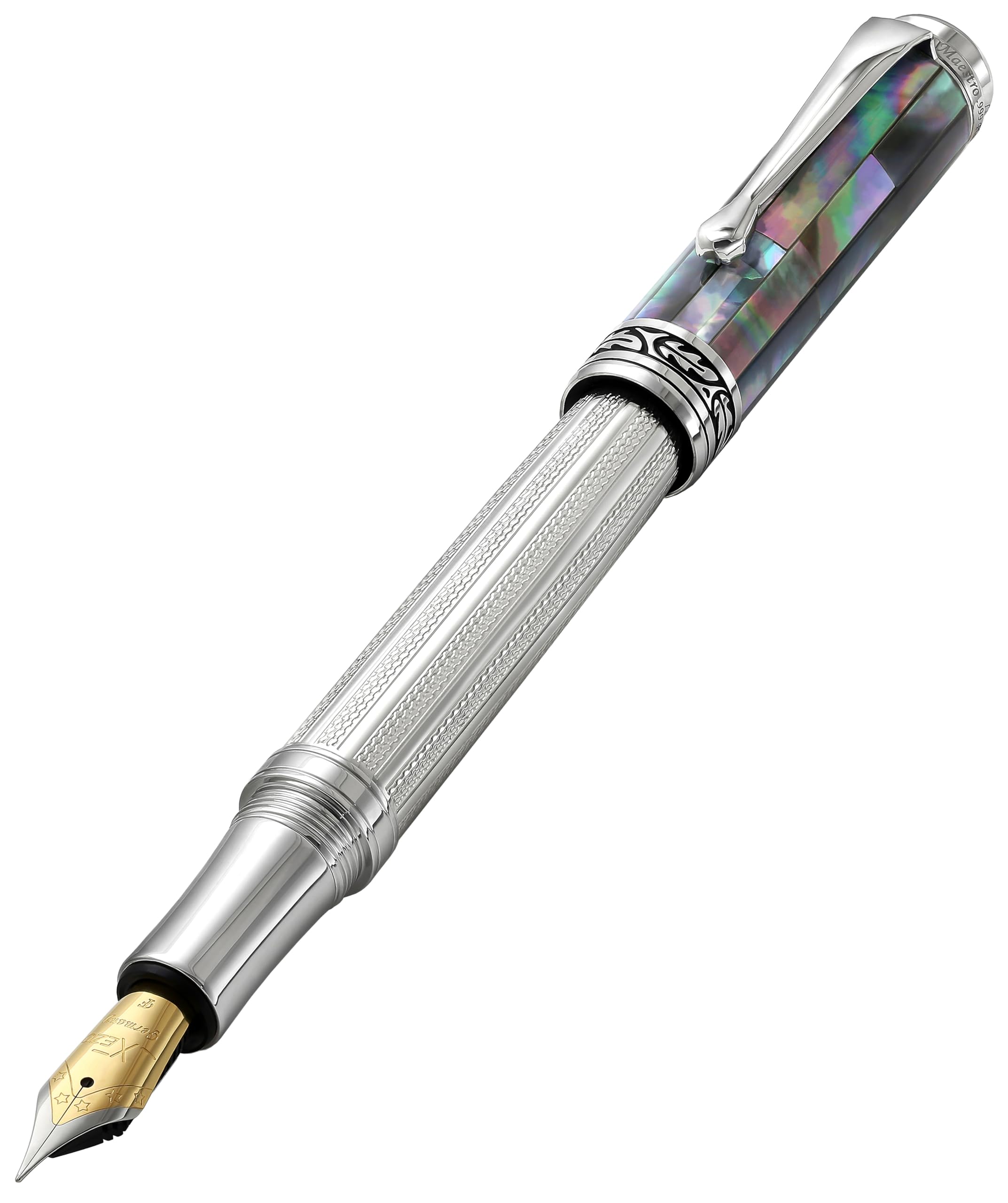 Xezo Maestro Fountain Pen, Fine Nib. Solid 925 Sterling Silver with Black Mother of Pearl Inlay. Platinum Plated Parts. Handcrafted, Limited Edition, Serialized