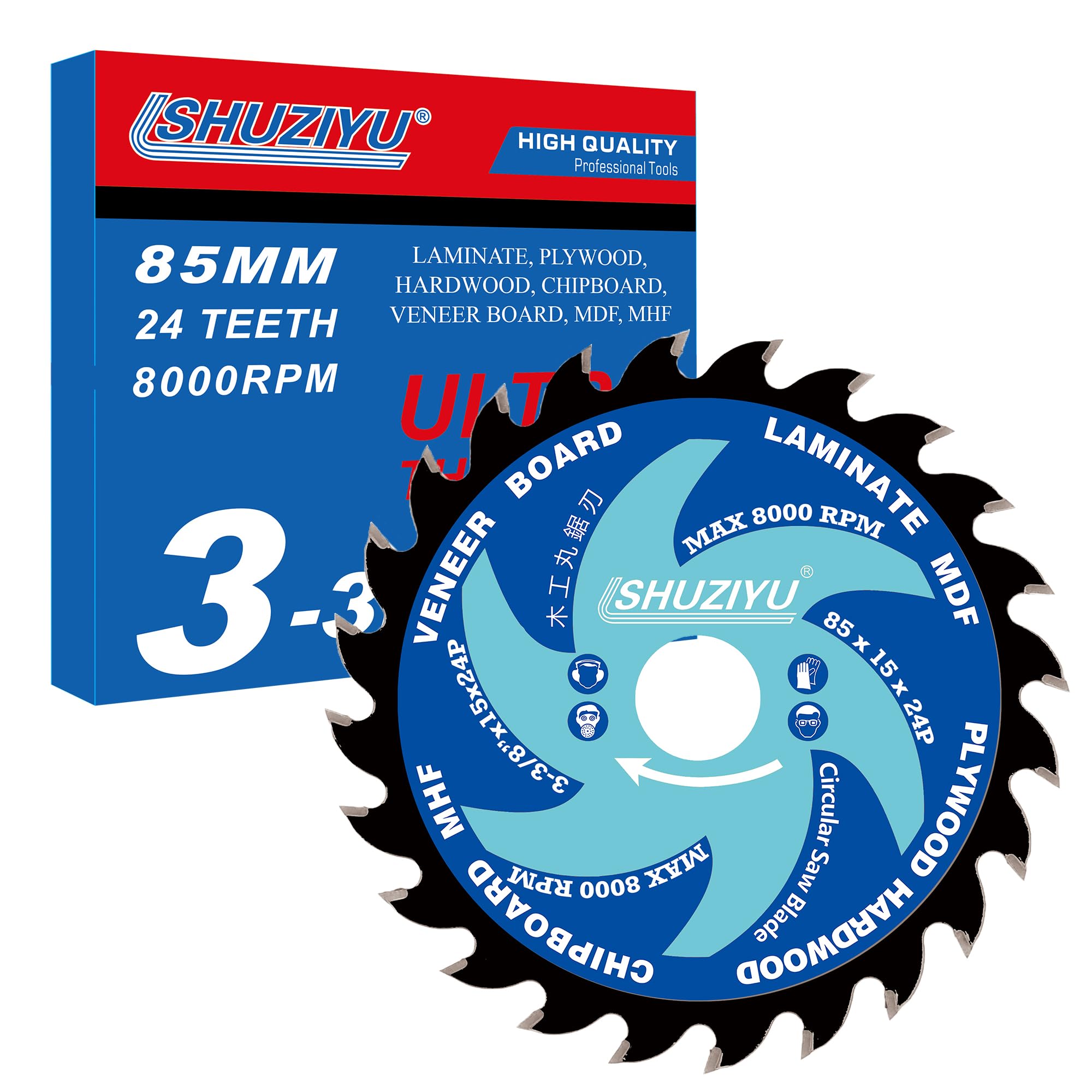 3-3/8" (85mm)-24T, Wood Working Circular Saw Blade, Arbor 15mm with 10mm Wahser, for Laminate, Veneer Board, Plywood, Hard Wood, MDF and HDF Cutting
