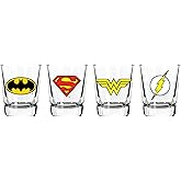 DC Comics Justice League Shot Glass Set - 2 oz. Capacity - Set of 4 Shot Glasses - Superman, Batman, Wonder Woman, Flash Clear