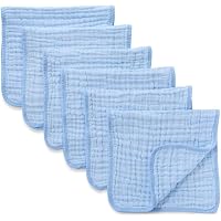 Muslin Burp Cloths 6 Pack Large 100% Cotton Hand Washcloths 6 Layers Extra Absorbent and Soft (Blue, Pack of 6)
