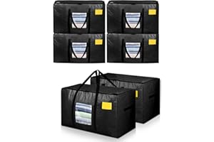 AdeaBag Extra Large Moving Bags, 6 Pack Heavy Duty Storage Bags Boxes Bins Totes with Hnadles Zippers Visible Window for Clothes College Dorm Travel, Black