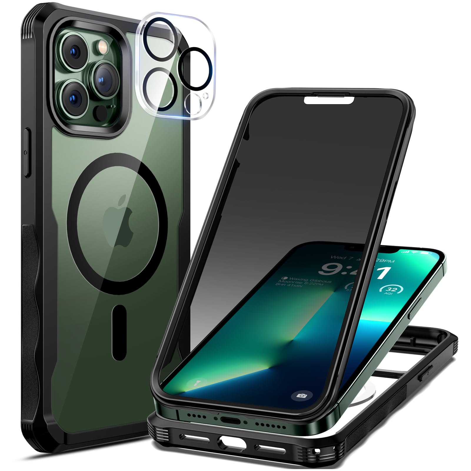 seacosmo iPhone 13 Pro Max Case 6.7 inch, [Built-in Glass Screen Protector] and Camera Lens Protector Full Body Protection Bumper Slim Fit Phone Case Cover for iPhone 13 Pro Max - Black/Clear