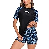 Halcurt Women Short Sleeve Two Piece Rash Guard Set UPF 50 Swim Shirt with Board Shorts