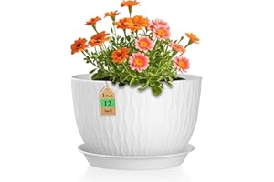 WSMKSZ 12 Inch Large Plant Pots for Indoor or Outdoor Plants, Wide Water Ripples Flower Pots with Drainage Holes & Saucer, Plastic Planters Set for Garden & Home Decor (White)