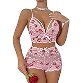 Foxiny Sexy High Waist Strappy Floral Lace Mesh Sheer Lingerie Set 2 Piece