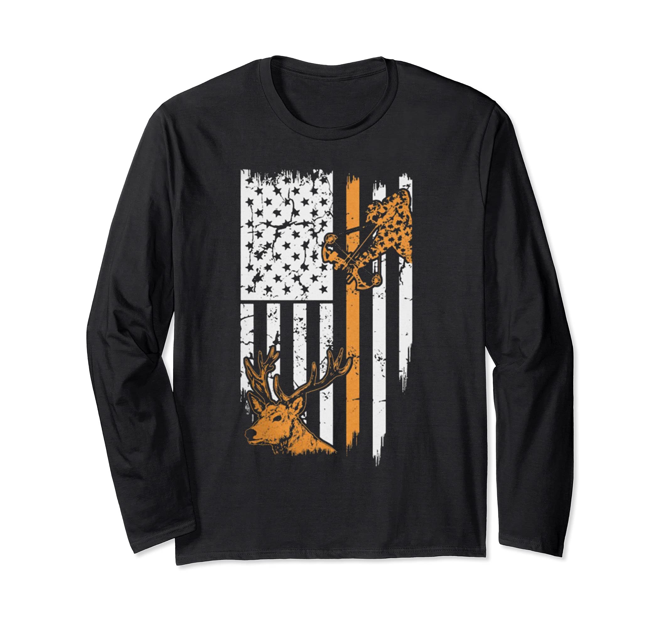 Hunting USA patriotic US Flag Deer Bow Hunter 4th July Gift Long Sleeve T-Shirt