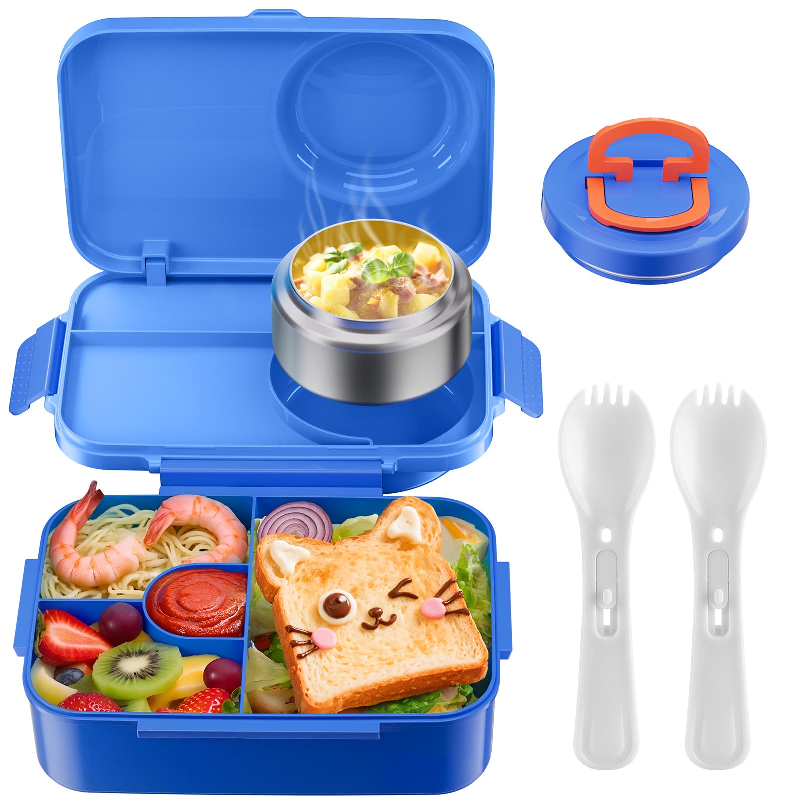 Photo 1 of DaCool Upgraded Kids Lunch Box with Thermo for Hot Food 1400ml Child Bento Box for Kids with 5oz Small Thermo for Boys Girls with Fork Spoon Leakproof for Dining Out School Work Picnic, Blue