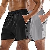 MIER 2 Pack Men's 5 Inch Athletic Running Shorts Lightweight Breathable Workout Gym Shorts with Zipper Pockets, No Liner