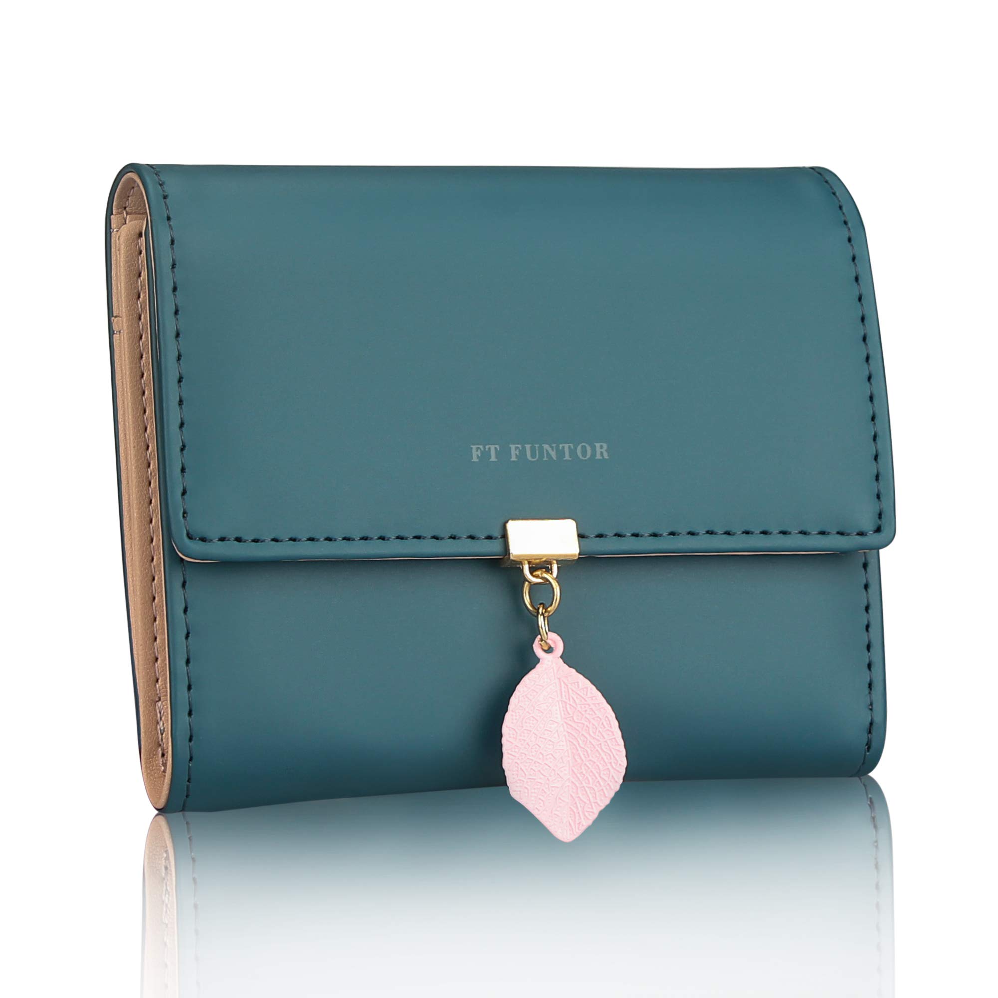 FT FUNTOR PU Leather Wallet for Women RFID-Blocking, Ladies Bifold Leaf Pendant Coin Zipper Small Purse with 5 Card Slots and 1 ID Window Card Holder Organizer(S-Teal Blue)