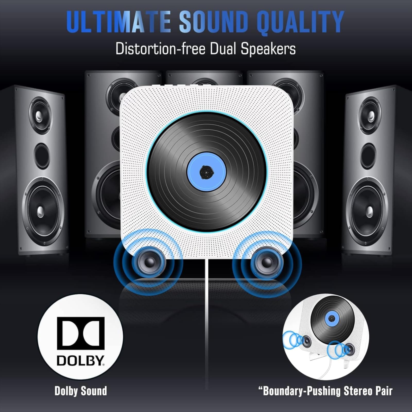 Portable Wall CD Players with 5.0 Bluetooth, Wall-Mountable CD Player with HiFi Speaker, USB Playback/AUX/FM Radio, Pull Cord Switch Design, Music Player with Remote Control, Home Audio Boombox