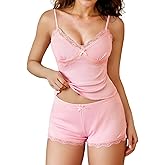Avidlove Women Cami Pajama Set Sexy Ribbed Knit Sleepwear Soft Lingerie V Neck Lace Trim Short PJ Set Side Slit Nightwear