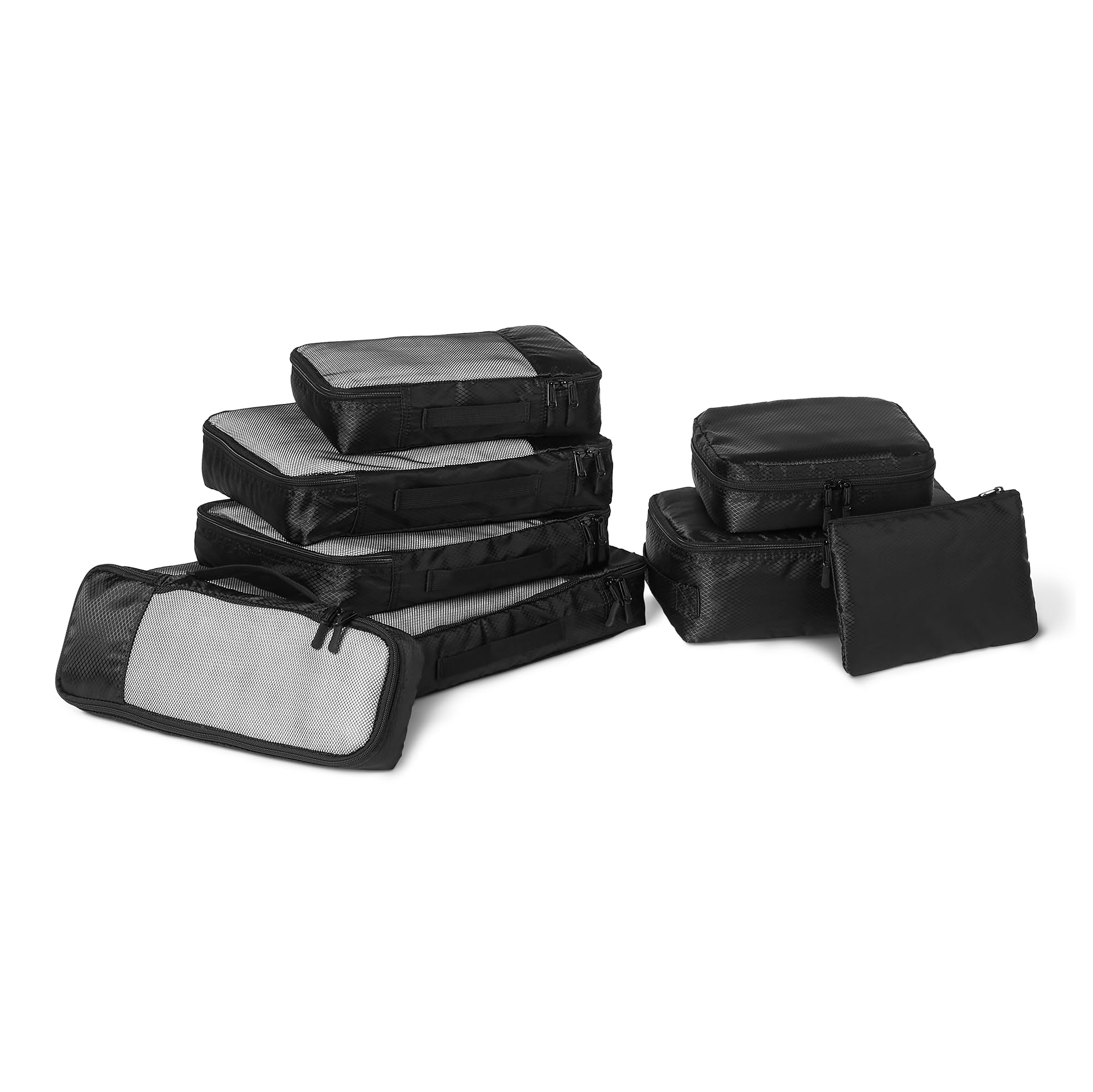 Amazon Essentials 8-Piece Packing Cubes Travel Accessories Set, Luggage Organiser with Double Zip, 100% Polyester, Multiple Dimensions, Black Image