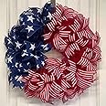 4th of July Patriotic Wreath - Red White & Blue American Flag Decor, Independence Day Farmhouse Wreath with Burlap Bow, Memorial Day & Summer Holiday Front Door Garland (B)