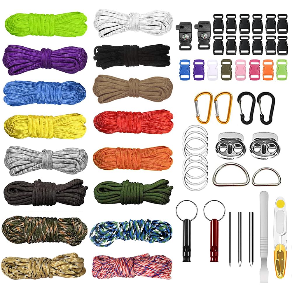 EUBSWA Paracord 550 Set 16 Colours, Multifunctional Nylon Rope, Buckles with Needles for Making DIY Bracelet, Dog Lead or Collar, Lanyard, Key Fob
