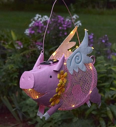 Outdoor Solar Led Lighted Hanging Metal Flying Pig Bird Feeder 15