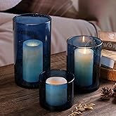 Large Hurricane Candle Holder Set of 3 Blue Candle Holders for Pillar Candles, Seeded Bubbles Glass Candle Holder, Blue Glass Cylinder Vases for Table Centerpieces, Home, Patio and Wedding 10"7"4"H