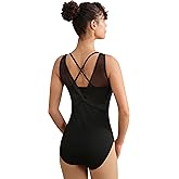QZSH Women Dance Leotard Mesh Camisole Dancewear,Waist Mesh Splicing,Double Back Straps,Full Front Lining