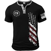 VOGSTART Men's Patriotic Henley Shirts Muscle Distressed American Flag 1776 Vintage T-Shirts (S-3XL)
