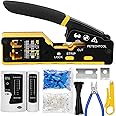 PETECHTOOL RJ45 Crimp Tool Pass Through Ethernet Crimping Tool Kit Cat6 Cat5e Cat6a RJ45 Crimper with Cable Tester, Cat6 Connectors with RJ45 Boot Covers, Mini Stripper, Blades and Cable Ties