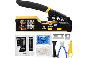 PETECHTOOL RJ45 Crimp Tool Pass Through Ethernet Crimping Tool Kit Cat6 Cat5e Cat6a RJ45 Crimper with Cable Tester, Cat6 Connectors with RJ45 Boot Covers, Mini Stripper, Blades and Cable Ties