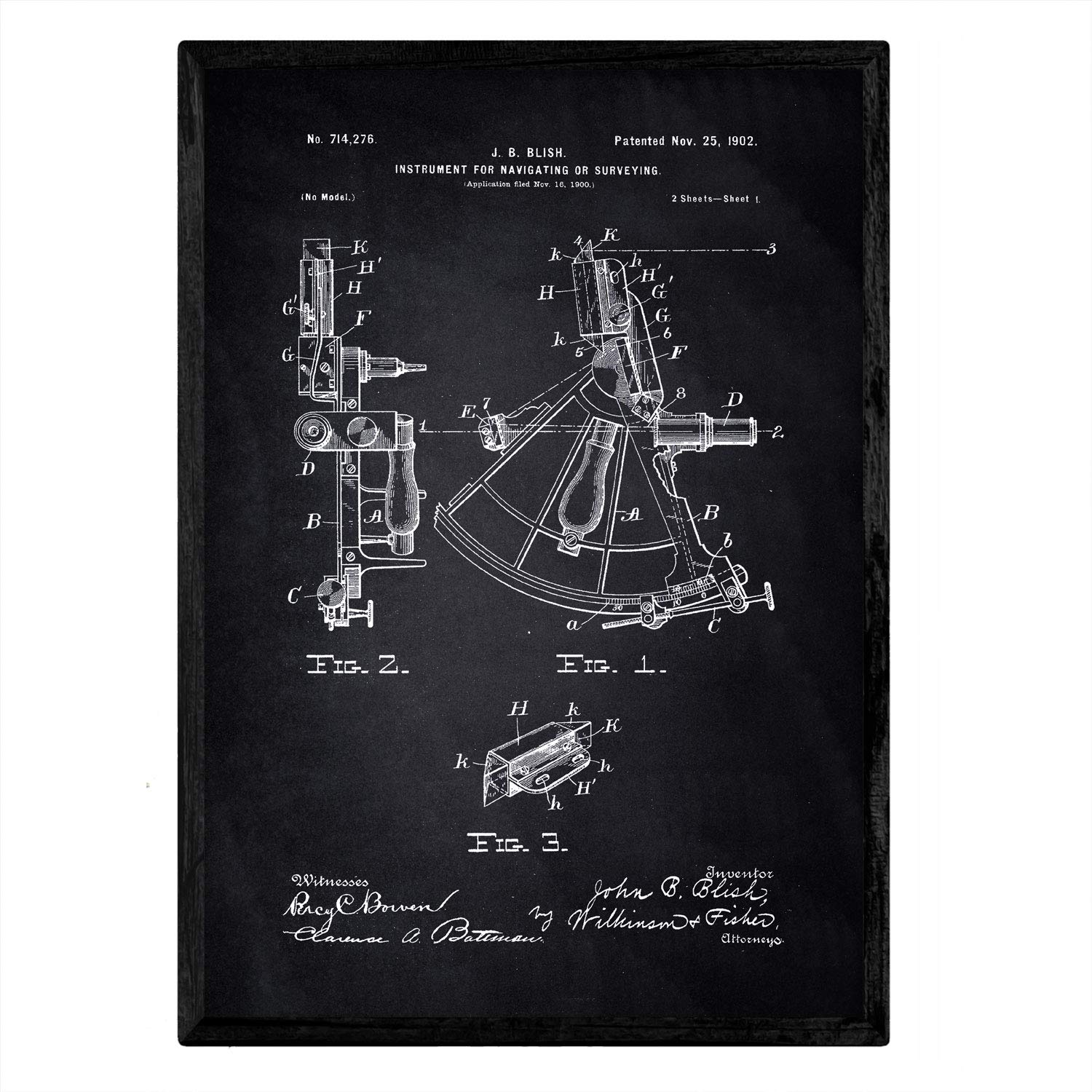 Nacnic Poster with patent Navigational 1. Foil with old design patent in A3 size with black background