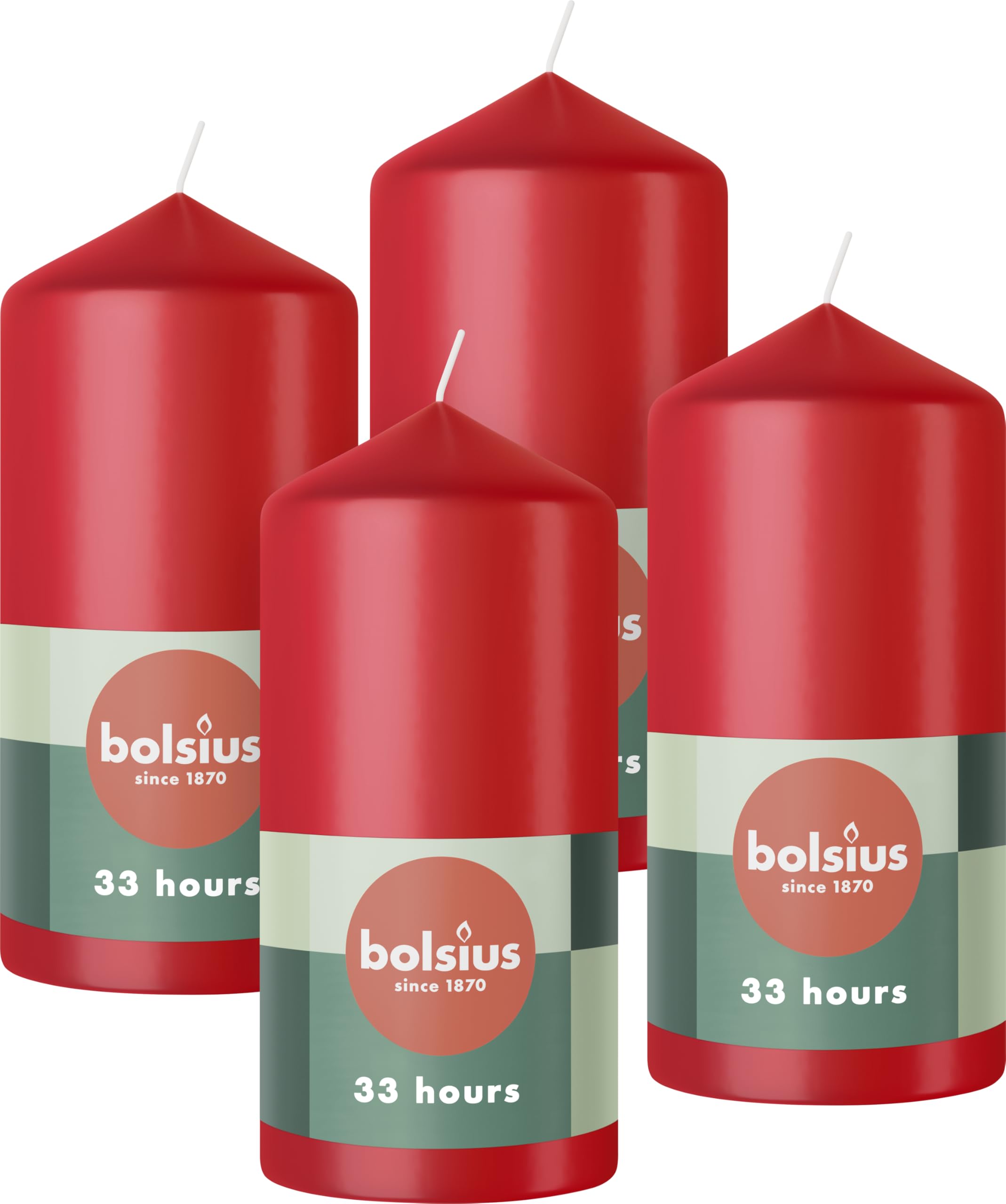 Bolsius Pillar Candles - Red - 4-Pack - 12 x 6 cm - Decorative Household Candles - Long Burning Time of 33 Hours - Unscented - Includes Natural Vegan Wax - Without Palm Oil