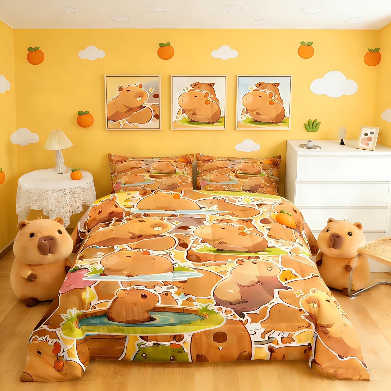 Loussiesd Capybara Duvet Set Double Size Kids Gifts for Capybara Lovers Duvet Insert for Boys Teens Animals Lovers Bedding Set Orange Pattern Brown Down Duvet Room Decor Quilt Set