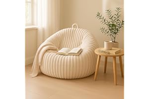 Honeydak Ribbed Rabbit Fur Stuffed Animal Storage Bean Bag Chair Cover (No Filler) Comfy Bean Bag Cover Without Filling or Home Bedroom Decor Organizing Plush Doll Textile Holder(Creamy White, L)