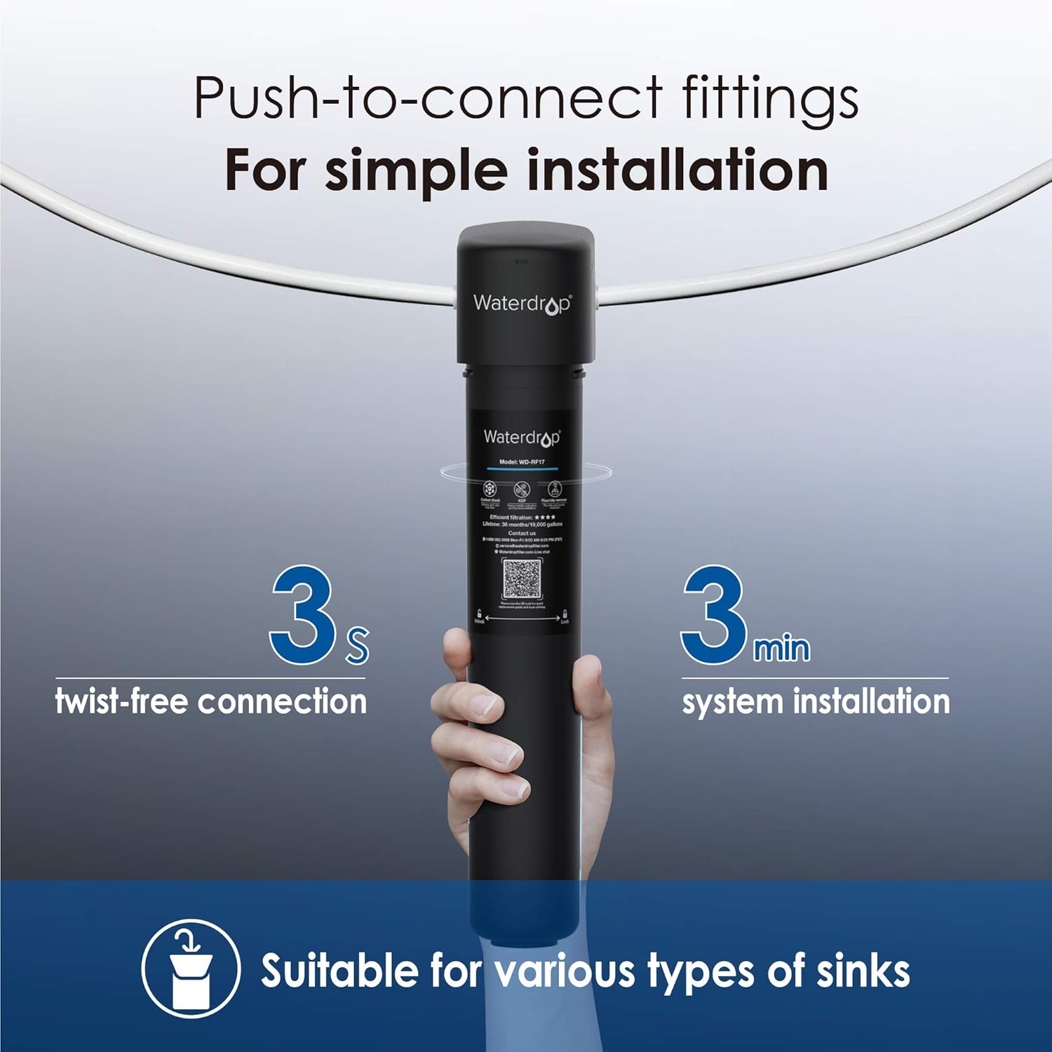 Waterdrop 17UB Under Sink Water Filter System, 3-Year Ultra Long Lifetime Drinking Water Filtration System, with Dedicated Brushed Nickel Faucet, Removes 99% Lead, Chlorine, Bad Taste & Odor, USA Tech - - 