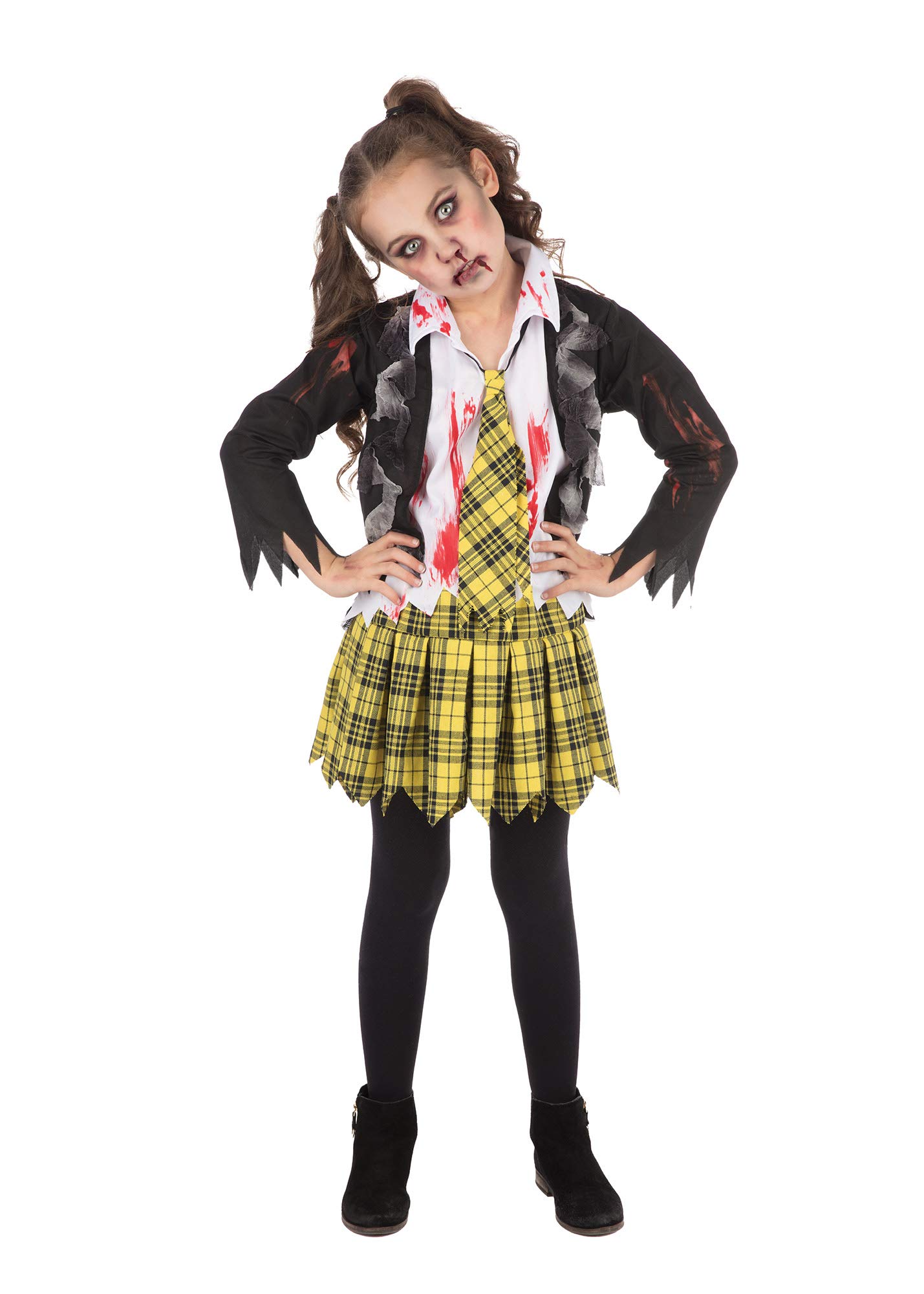 Bristol Novelty CF251L School Zombie Girl Costume, White, Yellow, Black, Large, Age 8-10 Years Old