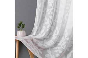 OVZME White Sheer Curtains 54 inches Long 2 Panels for Living Room, Jacquard Clip Leaf Pattern Textured Light Filtering Window Semi Sheer Voile Drapes for Bedroom, Each Panel 42 x 54 Inch