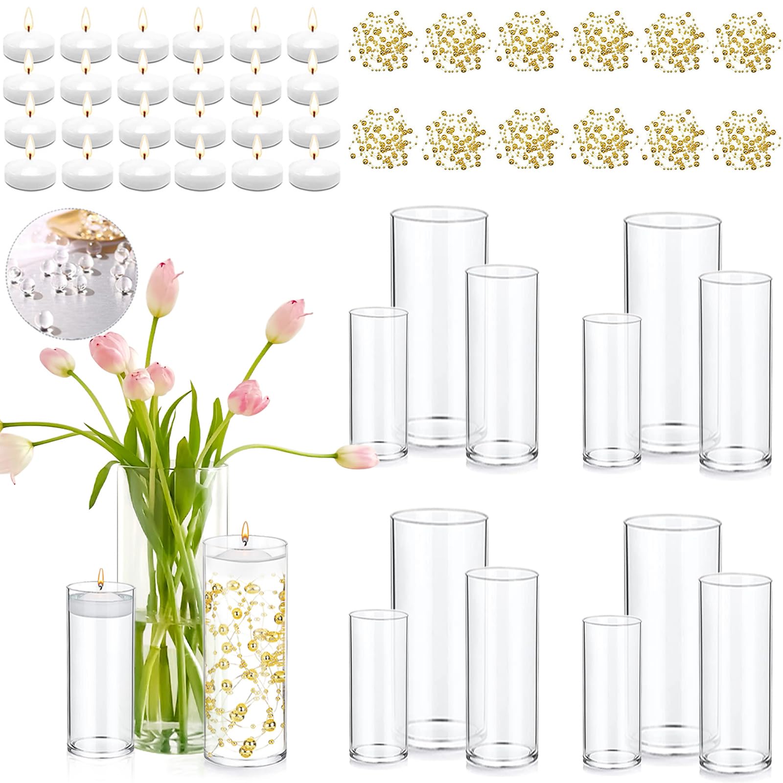 Photo 1 of PNJHDZ Set of 12 Glass Cylinder Vases for Centerpieces with 8 Pack Vase Filler 12 Pearl String 24 White Floating Candles for Table Centerpieces for Wedding Party Home Decor 5, 6, 8 Inch