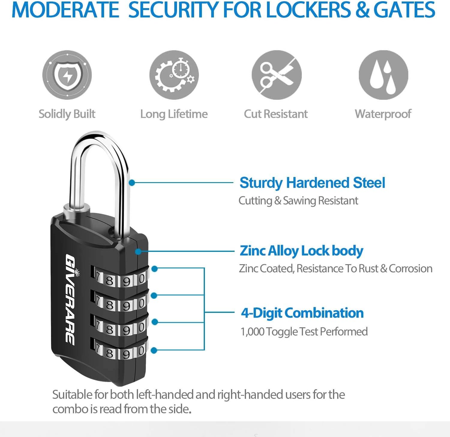 GIVERARE 4 Pack Combination Lock, 4-Digit Padlock Keyless, Resettable Luggage Locks for Backpack, Gym & School & Employee Locker, Weatherproof Travel Lock for Fence, Backyard Gate, Hasp, Case-Black - - 