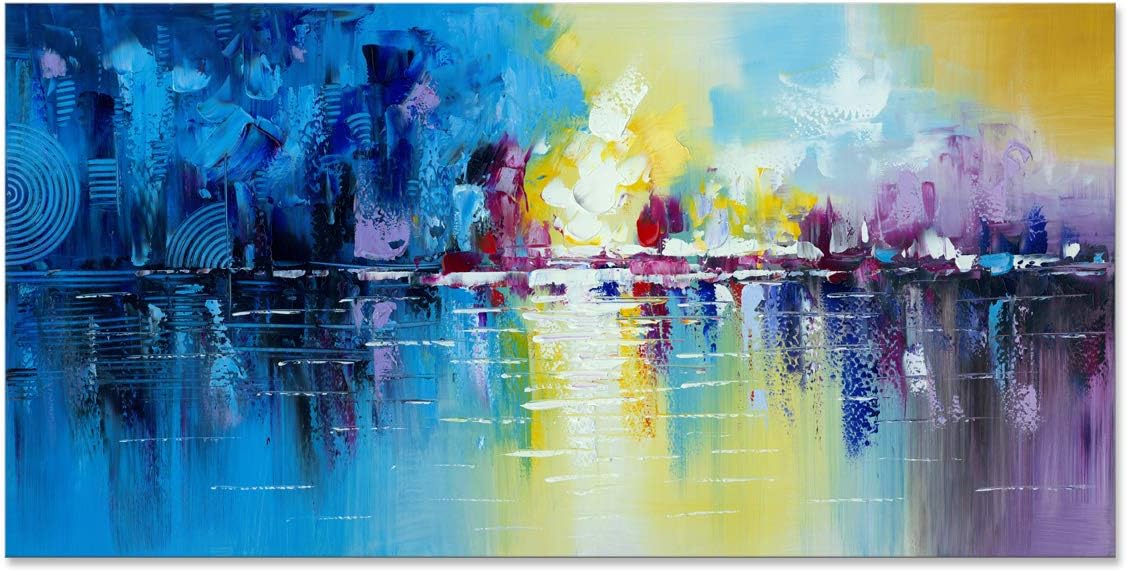 Paintings - Abstract Cityscape Wall Art Handmade Blue Modern City Building Reflection Oil Paintings on Canvas