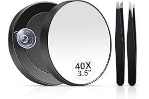 MIYADIVA 40X Magnifying Mirror, 3.5 Inch Round Compact Mirror with Suction Cup, Stainless Steel Tweezers, Perfect for Makeup, Eyebrows, Beards, Travel