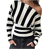 Verdusa Off The Shoulder Sweater Cozy Striped Long Sleeve Shirt Women Cinched Waist Tops