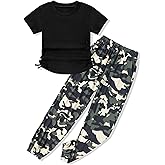 Crazyme Girls Clothes Ruched Drawstring Short Sleeve Knit Top and Camo Print Pants 2 Piece Girls Outfits 7-14 Years