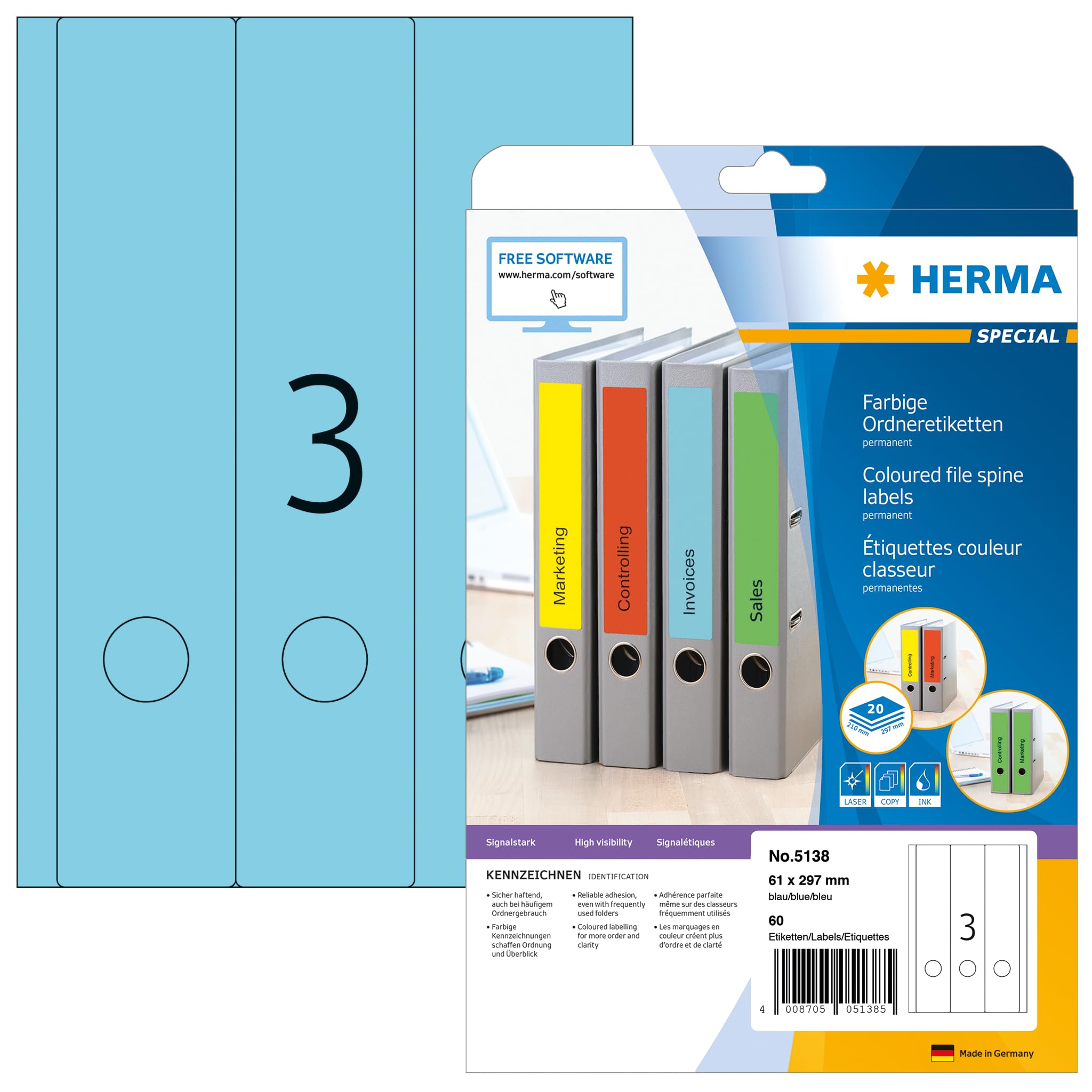 HERMA Self Adhesive Spine Labels, 3 Labels per A4 Sheet, 20 Sheets, 61 x 297 mm, 60 Labels, Blank Lever Arch File Folder Labels Stickers, Sticky Labels for Laser & Inkjet Printer, Blue