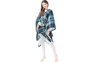 Beautyrest Reversible Sherpa to Fleece Electric Wrap Poncho Blanket Shawl Wearable, Auto Shut Off, Virtually Zero EMF, Multi Heat Setting, UL Certified, Machine Washable, Aqua Plaid 50" x 64"