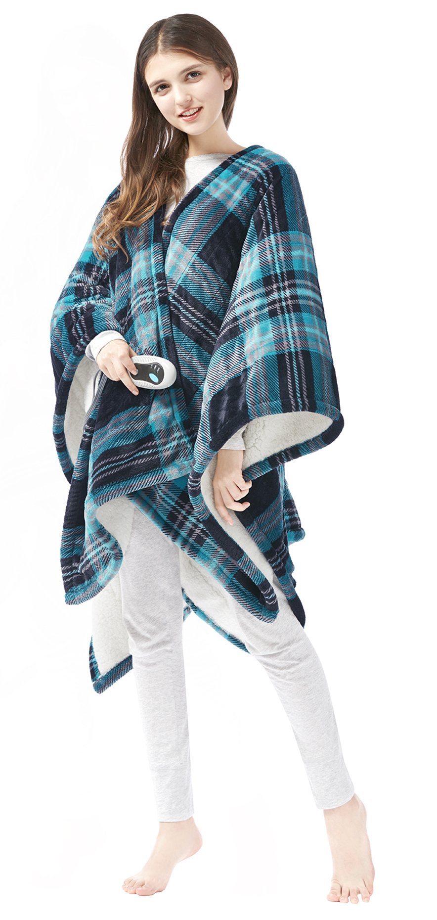 Beautyrest Wearable Electric Poncho Wrap Blanket, Ultra Soft Sherpa & Berber Fleece Heated Throw, UL Certified & Oeko-TEX, 3 Heat Settings & 2 Hour Auto Shutoff, Gift-Ready, 50″ x 64″, Aqua Plaid