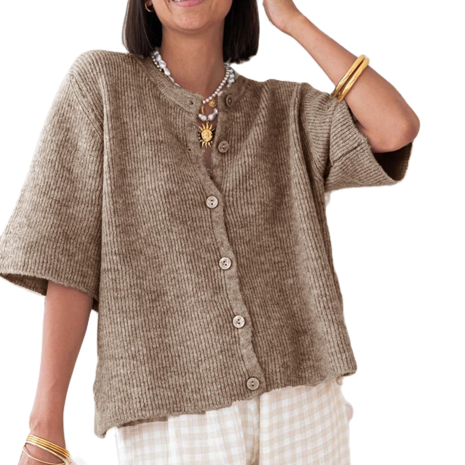 Photo 1 of Women Y2K Cardigan Sweater Short Sleeve Button Down Ribbed Knit Crop Top Fall Winter Going Out Sweater (Dark Khaki, M)