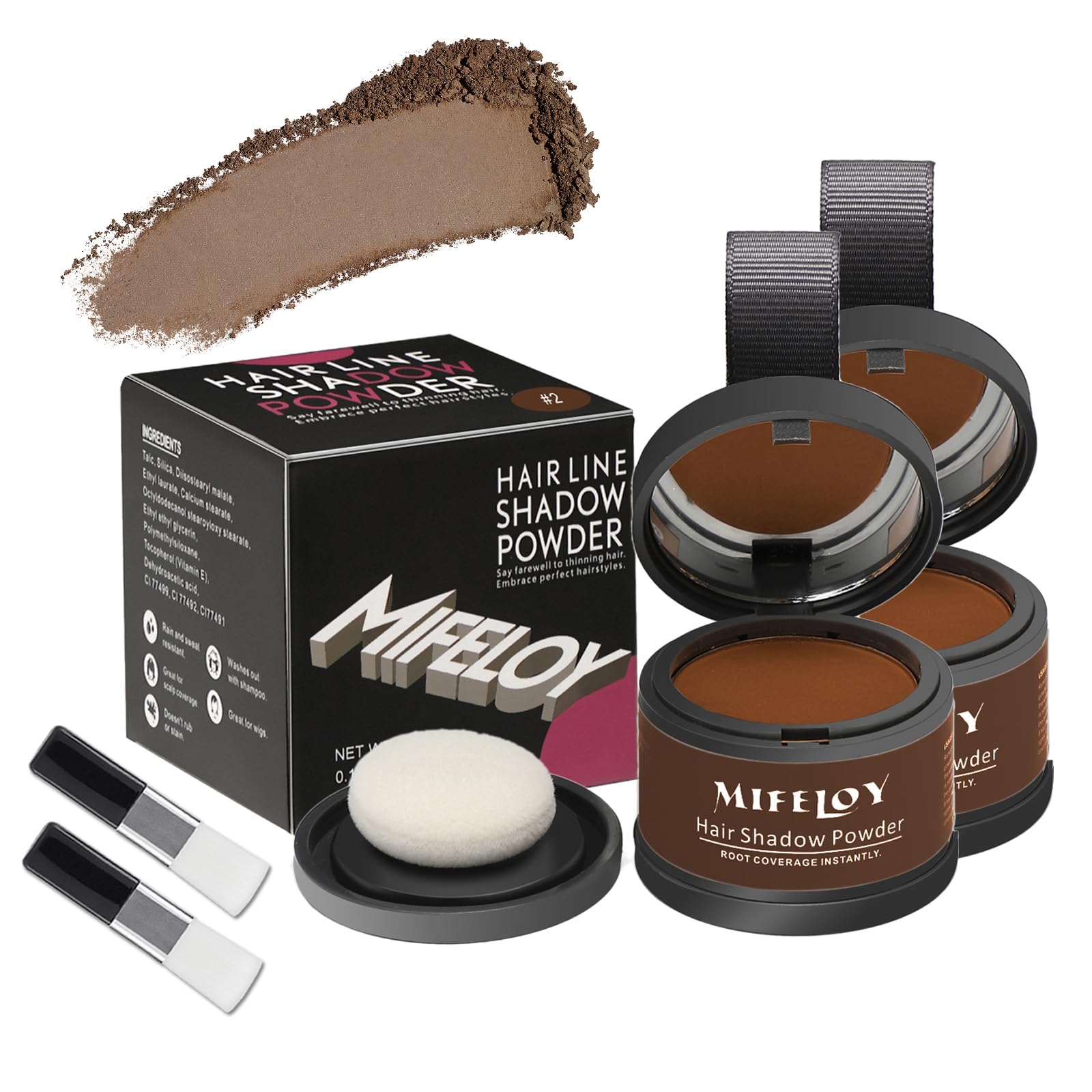MIFELOY 2 Set Root Cover Up Powder, Medium Brown, Touch Up Hair Color for Grey, Coverage Powder for Thinning Grays Hairline, Concealer for Beard Line Eyebrow, Instantly Conceals Hair Loss