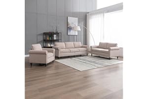 CECER 3 Piece Living Room Sofa Set, Upholstered Sectional Sofa Couch with Nailhead Trim, Furniture Sets Including 3-Seater Sofa, Loveseat and Single Sofa Chair for Apartment/Living Room (Beige)