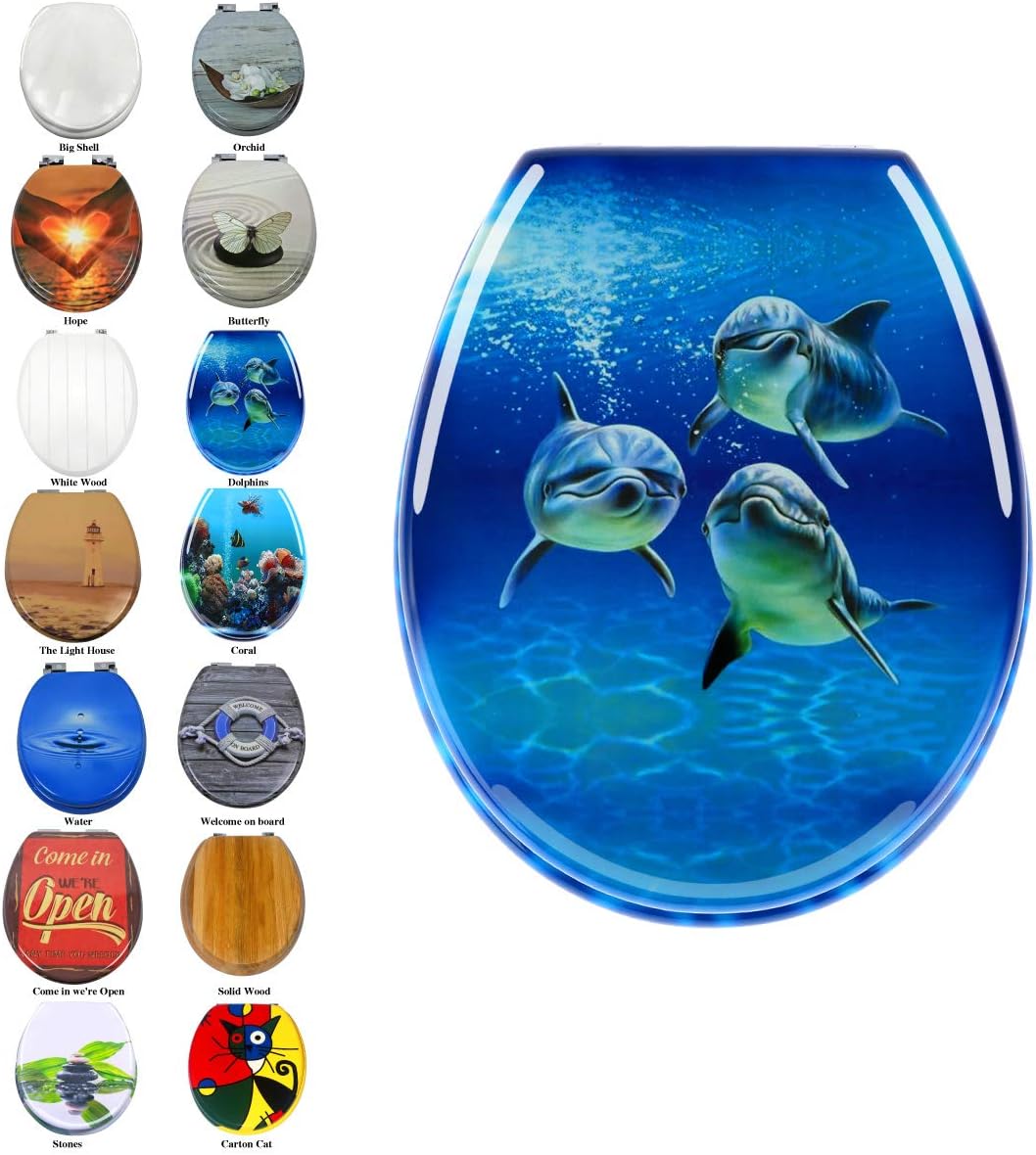 Round Toilet Seat, Wide Choice of Beautiful Toilet Seats, Easy Clean and Strong Hinges, Toilet Lid Cover for Family Bathroom (Dolphins)